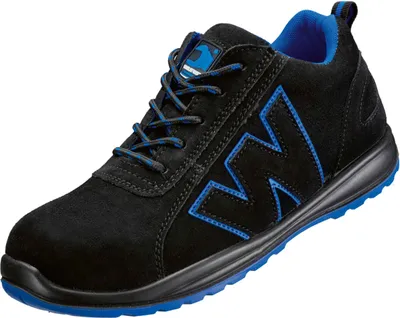 A single black and blue work shoe is shown against a white background.