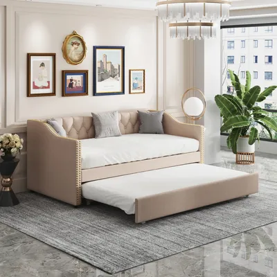 Produktbild von Flieks Tagesbett 90x200cm Daybed Schlafsofa mit Ausziehbarem Unterbett und Lattenrost Sofabett Polsterbett Kinderbett Leinen, Beige
