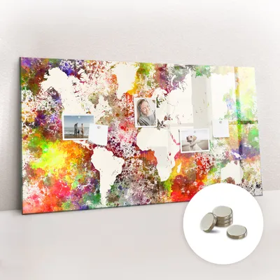 Produktbild von Magnetische Wandtafel aus Glas – Memotafel mit gebogener Vorderseite – Enthält 5 Magnete – 120x60 cm – Aquarellweltkarte
