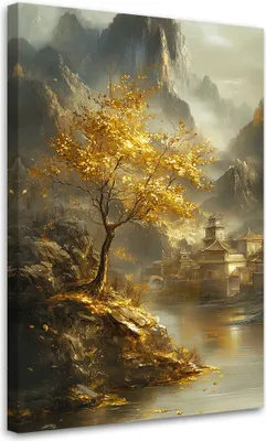 Produktbild von Leinwandbild Berglandschaft Goldener Baum 60x90 Feeby Gold bild für die wand bereit zum aufhängen