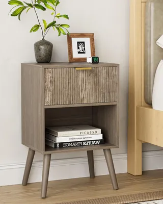 Obrázek produktu pro Noční stolek - S zásuvkou a otevřenou přihrádkou - 39 x 29 x 60 cm - Dřevotříska a MDF - Šedý