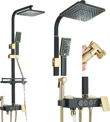 Zdjęcie produktu dla Bateria prysznicowa, sterowanie przyciskiem, nowoczesny design, czarne złoto, czarne złoto