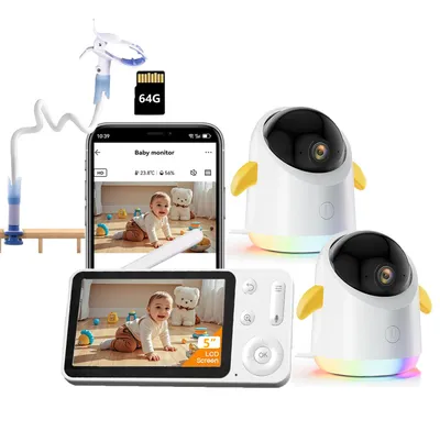 Obrázek produktu pro Dětská chůvička se 2 kamerami a APP 5" WLAN chůvička s rozdělenou obrazovkou 360° PTZ 4×zoom IR noční vidění Barevné noční světlo s držákem a 64G