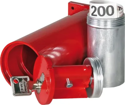 A red pipe safe with a key and a silver container with money inside.