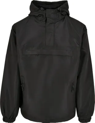 A black hooded jacket is shown from the front against a white background.