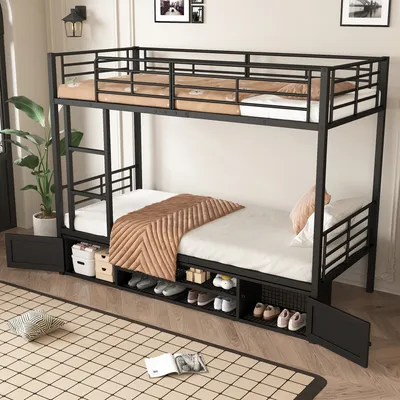 Produktbild von MODFU Etagenbett Kinderbett 90x200cm mit Offener schuhschrank, Hochbett mit Rausfallschutz, Metallbett Stockbett mit Lattenrost und Seitenleiter, Jugendbett Bettgestell, Schwarz
