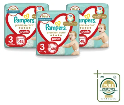 Obrázok produktu pre 3 kusy plienok Pampers Premium Care Pants, veľkosť 3 (6–11 kg) – balenie
