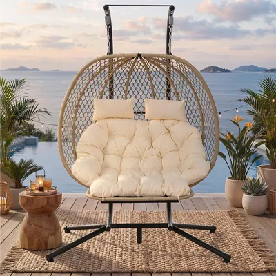 Produktbild von Hängesessel mit Ständer und Kissen Eiförmiger Schaukelsitz Hängestuhl Schwebeliege Doppelschaukelstuhl Beige