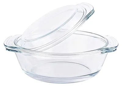 Image de Plat à gratin en verre, adapté au four à micro-ondes, facile à saisir, de forme ronde et transparent. Plat de cuisson en verre avec couvercle, idéal pour cuisiner, ouverture large, capacité : 1,5 litre