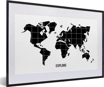 Produktbild von MuchoWow® MuchoWow® Gerahmtes Poster Weltkarte - Trendy - Schwarz 60x40 cm - Poster mit zchwarzem Bilderrahmen - Schlafzimmer - Plakat in Rahmen - Drucken