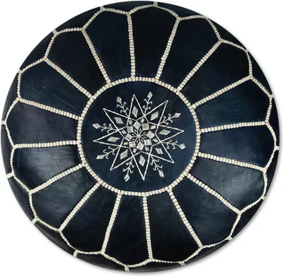 Image de Pouf marocain en cuir véritable - bleu foncé - fait main - livré rempli - Ottoman Pouf repose-pieds