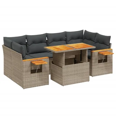 Produktbild von Modulares Garten-Sofaset, 7-teilig, mit verstellbarem Tisch, Poly Rattan Grau, abnehmbare Kissenbezüge, UV-beständig