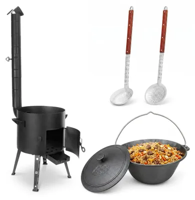 Produktbild von Kazanofen Utschak Ø 44 cm (16 L) mit Abzugsrohr Gusseisen-Gulaschkessel 22 L Schaumkelle Suppenkelle