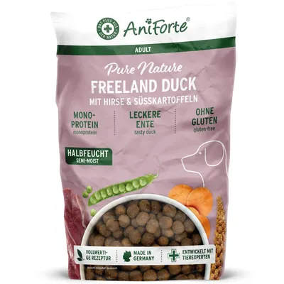 Produktbild von AniForte Ente Trockenfutter für Hunde 12,5kg – Leckere Ente mit Hirse, Süßkartoffel & Kräuter, Halbfeuchtes Trockenfutter glutenfrei, Hundefutter