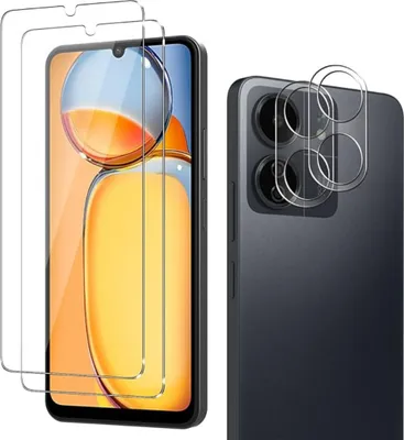 A split image showing a smartphone with screen protectors on the left and a close-up of the camera lenses with lens protectors on the right.