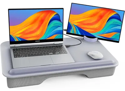 Immagine prodotto di Scrivania per laptop con poggiapolsi, in ecopelle, grande, grigia