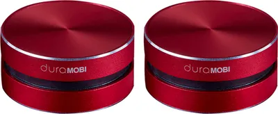 Two red Dura MOBI Bluetooth speakers are shown side-by-side on a white background.