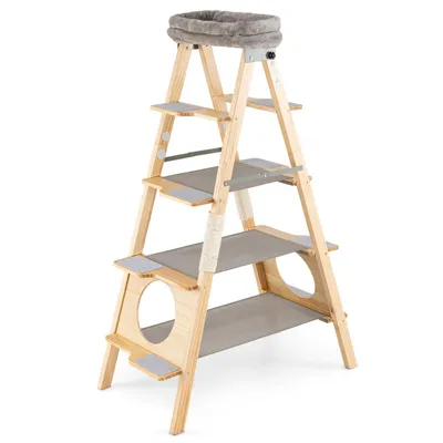 Produktbild von GOPLUS Kratzbaum Leiter, Katzenbaum Kiefernholz 5-stöckiger mit Sisal-Kratzpfosten & oberem gepolstertem Plattform, 151cm Kletterturm für Katzen