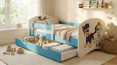 Produktbild von Happy Babies Kinderbett mit Rausfallschutz Junge 160x80 Bett für Kinderzimmer mit Schublade Matratze Einzelbett für Kinder Blau Hundemotiv