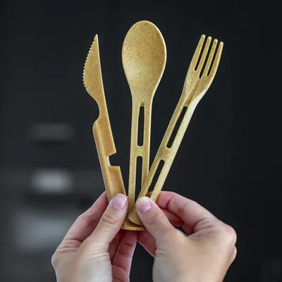 Produktbild von Ibenzoa® Kompaktes 3‑teiliges Besteckset für unterwegs aus Naturholz, spülmaschinenfest – ideal für Picknick, Büro & Schule