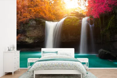 Produktbild von MuchoWow® Fototapete für Wohnzimmer oder Schlafzimmer Wandtapete Vinyl Motivtapete Farbenprächtige Wasserfälle im thailändischen Na Haew-Nationalpark - 330x220 cm - Fototapeten