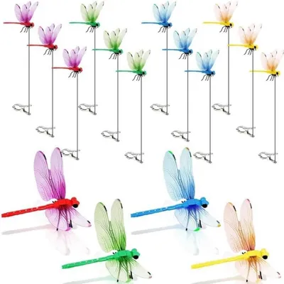 Produktbild von 12er Set 3D Libellen-Clips mit Steckern - Realistische Deko-Libellen zur Fliegenabwehr für Garten, Hüte, Tiere & Outdoor Bunt
