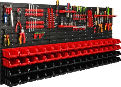 Zdjęcie produktu dla System magazynowy Regał warsztatowy | 172 x 78 cm | 68 szt. Pudełko | Regał ścienny z uchwytami na narzędzia i pojemnikami do układania w stosy - Płyty ścienne Bardzo wytrzymały regał z przegródkami Ściana perforowana Regał magazynowy Regał garażowy