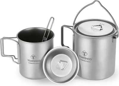 Zdjęcie produktu dla TOMSHOO Lekki zestaw tytanowy, 3 sztuki: garnek tytanowy 750 ml, kubek na wodę 450 ml z pokrywką, uchwyt składany, łyżka-widelec składana – do outdooru, biwakowania, wędrówek i wypraw z plecakiem
