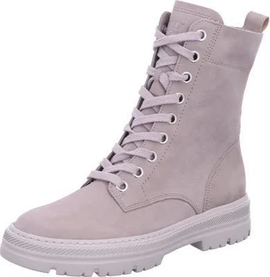 A single gray lace-up boot is shown against a white background.