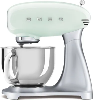 A pastel green and silver SMEG stand mixer is shown against a white background.