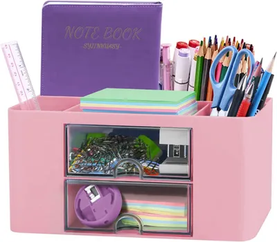 Zdjęcie produktu dla Wielofunkcyjny organizer do biurka, kompaktowy organizer biurowy z 5 przegródkami i 2 szufladami, plastikowy organizer do biurka, do użytku w domu i szkole (różowy - A)