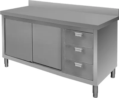 Zdjęcie produktu dla Gastronomiczny stół ze stali nierdzewnej przyścienny z szafką i blokiem 3 szuflad Mega-M 140x60x85 cm