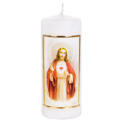 Produktbild von FRITZ COX Heiligenkerze Herz-Jesu Darstellung - Symbol der Liebe von Jesus Christus - RAL Qualitätskerze - 6x15cm - Bis zu 44 Stunden Brenndauer