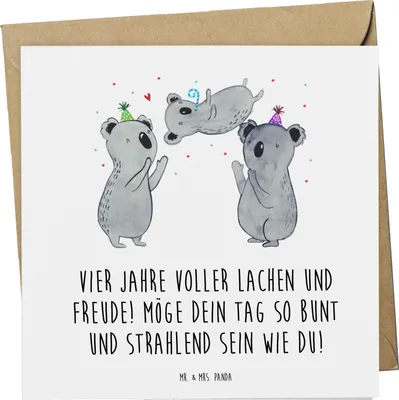 Produktbild von Mr. & Mrs. Panda Grußkarte 4. Geburtstag Freude - Weiß - Geschenk, Glückwunschkarte, anlasskarte, Meilenstein, Happy Birthday, Geburtstagsgeschenk, liebevoller Spruch