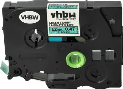 Produktbild von vhbw Schriftband-Kassette kompatibel mit Brother PT 350P, 50 Years, 3600, 500, 350 Etiketten-Drucker 8m x 12mm Schwarz auf Grün (Glitter), Laminiert