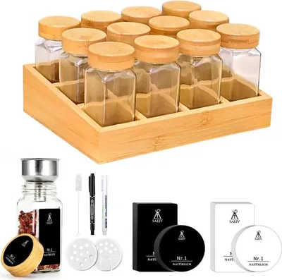 Produktbild von Umweltfreundliches Gewürzregal mit 12 Bambusfächern und 12 120ml-Gewürzgläsern