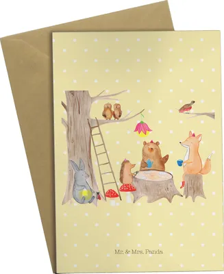 Produktbild von Mr. & Mrs. Panda Grußkarte Waldtiere Picknick - Gelb Pastell - Geschenk, Wald, einladungskarten, Lustige Sprüche, dankeskarten, Igel, Hase, Fuchs, valentinstagskarte