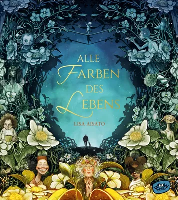 A fantastical illustration with various characters and floral elements, featuring text in the center.