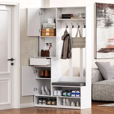 Produktbild von okwish Kleiderschrank mit Türen & Schubladen,Garderoben-set mit Sitzbank,Wandgarderobe mit 4 Haken, Weiß