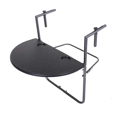 A black balcony table with a rattan-like texture and two cup holders, shown against a white background.