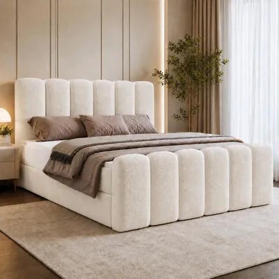 Produktbild von Boxspringbett NOLA 180x200 cm Komplett-Set mit Bonell-Matratze, Topper und Bettkasten, Bouclé Weiß