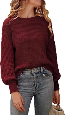 Image de ASKSA Pulls Femme Manches Lanternes Tricotés Col rond Manches Longues Pull Unicolore Sweater Tops, Vin Rouge, S