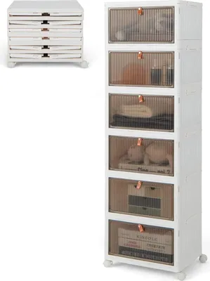 Produktbild von Aufbewahrungsbox mit Deckel und Türen, stapelbare transparente Klappbox mit Rollen, Schuh- und Ordnungsbox für Wohnzimmer und Schlafzimmer (6 Ebenen)