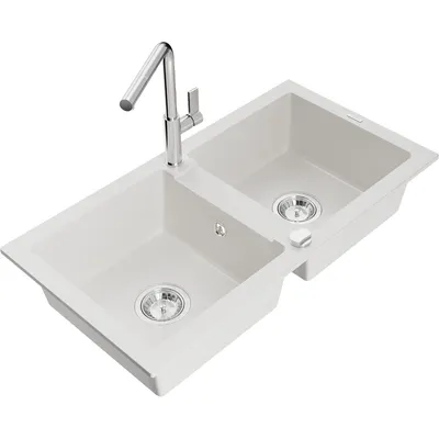 Obrázok produktu pre Mexen Mario granitový dvojkomorový drez s kuchynskou batériou Flora, Biela - 6504-20-670401-00