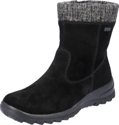 A black boot with a gray knitted cuff.