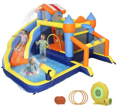 Obrázek produktu pro Nafukovací vodní park – skákací hrad – skluzavka 8 v 1 – trampolína – bazén – lezecká stěna – s ventilátorem o výkonu 550 W – barevný