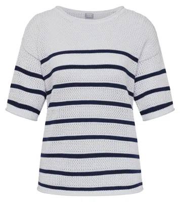 Produktbild von Rabe Pullover Weiß Größe 40 mit maritimem Streifenmuster und Lochmuster, Halbarm