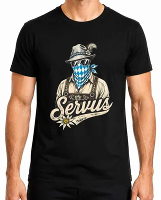 Productafbeelding van Servus, traditionele lederhosen, klederdracht, Wiesn-kleding, traditioneel shirt, Dirndl, feestkleding, heren T-shirt, zwart, 3XL