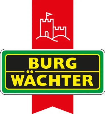 A logo with a castle illustration and the brand name 'BURGWÄCHTER' on a black and green sign.