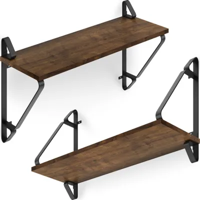 Two wooden shelves with black metal brackets mounted on a white wall.